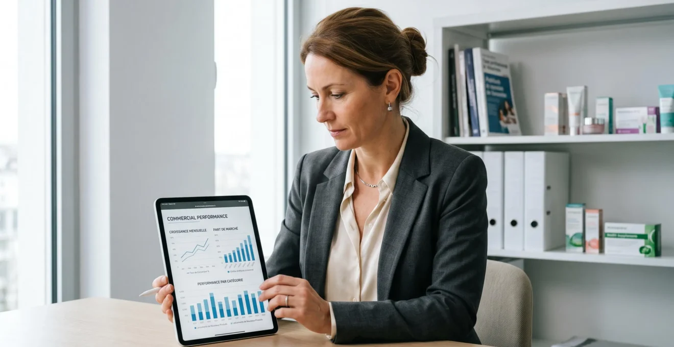 Dirigeante analysant des tableaux de bord de performance commerciale sur tablette dans un bureau professionnel moderne
