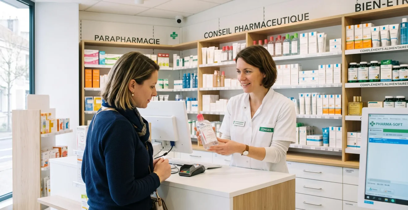 Pharmacienne en blouse blanche conseillant une cliente au comptoir d'une pharmacie moderne, présentant un produit cosmétique, avec merchandising Santé-Beauté visible en arrière-plan