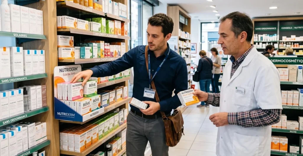 Commercial terrain masculin installant un merchandising de produits Santé-Beauté en pharmacie, en présence du pharmacien titulaire qui observe