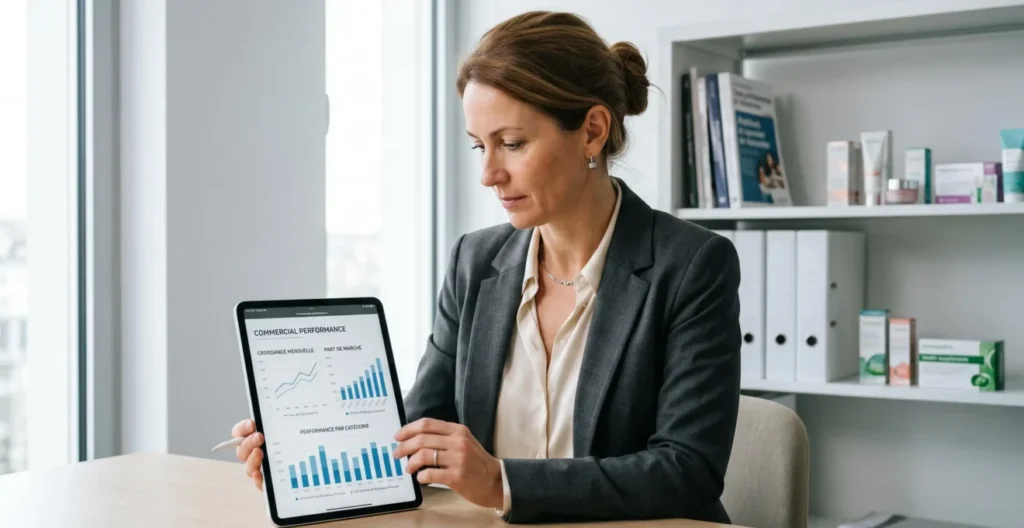 Dirigeante analysant des tableaux de bord de performance commerciale sur tablette dans un bureau professionnel moderne