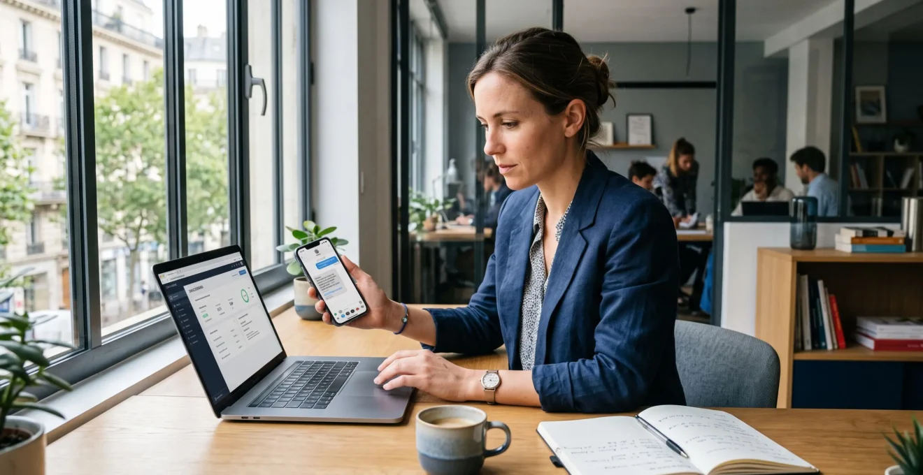Un professionnel lance une campagne SMS depuis son ordinateur portable dans un bureau
