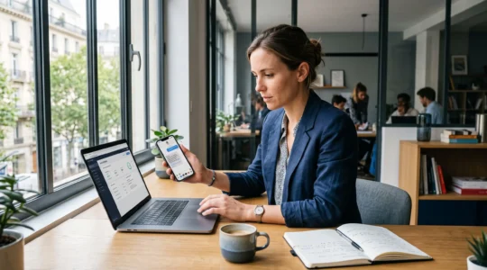 Un professionnel lance une campagne SMS depuis son ordinateur portable dans un bureau