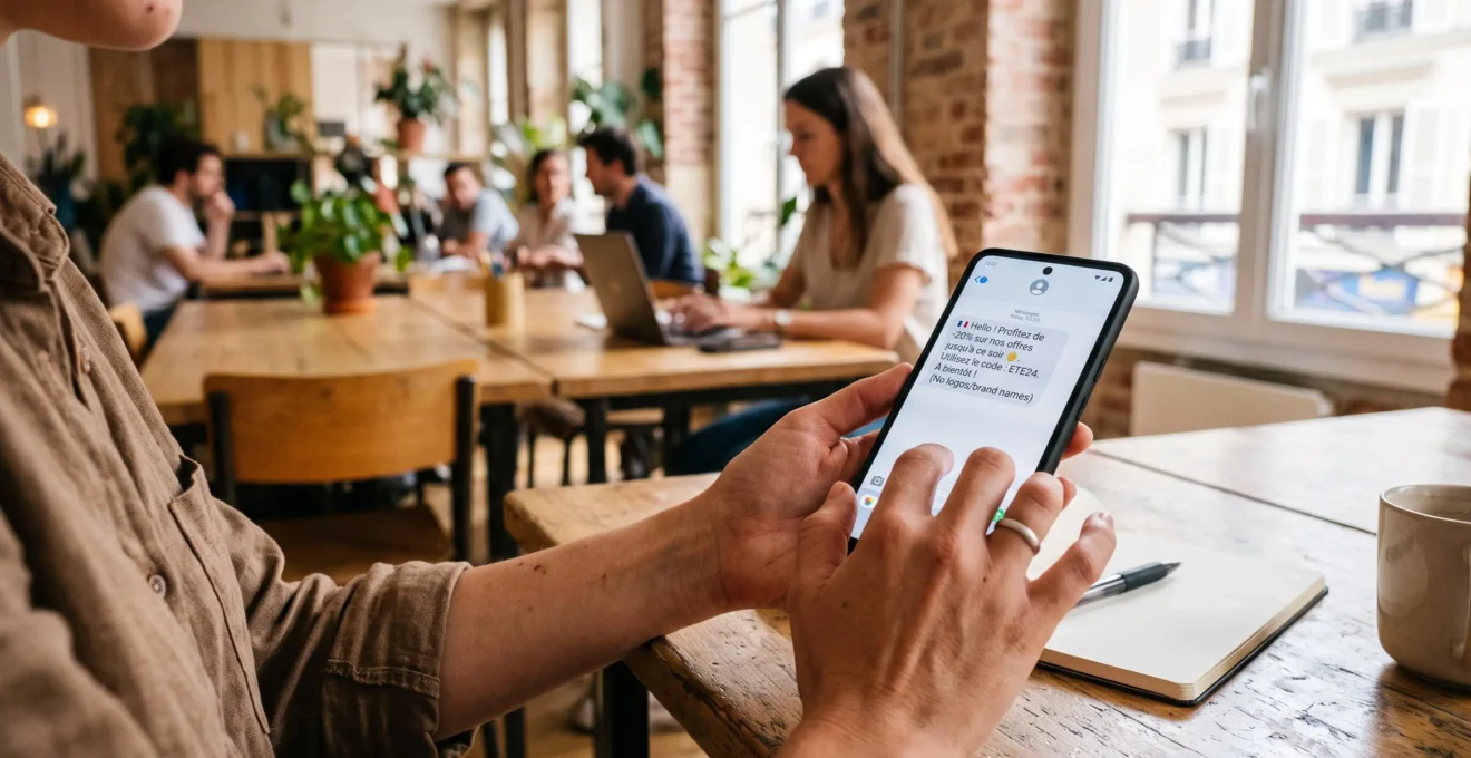 Mains d'une marketeuse rédigeant un message promotionnel sur un smartphone